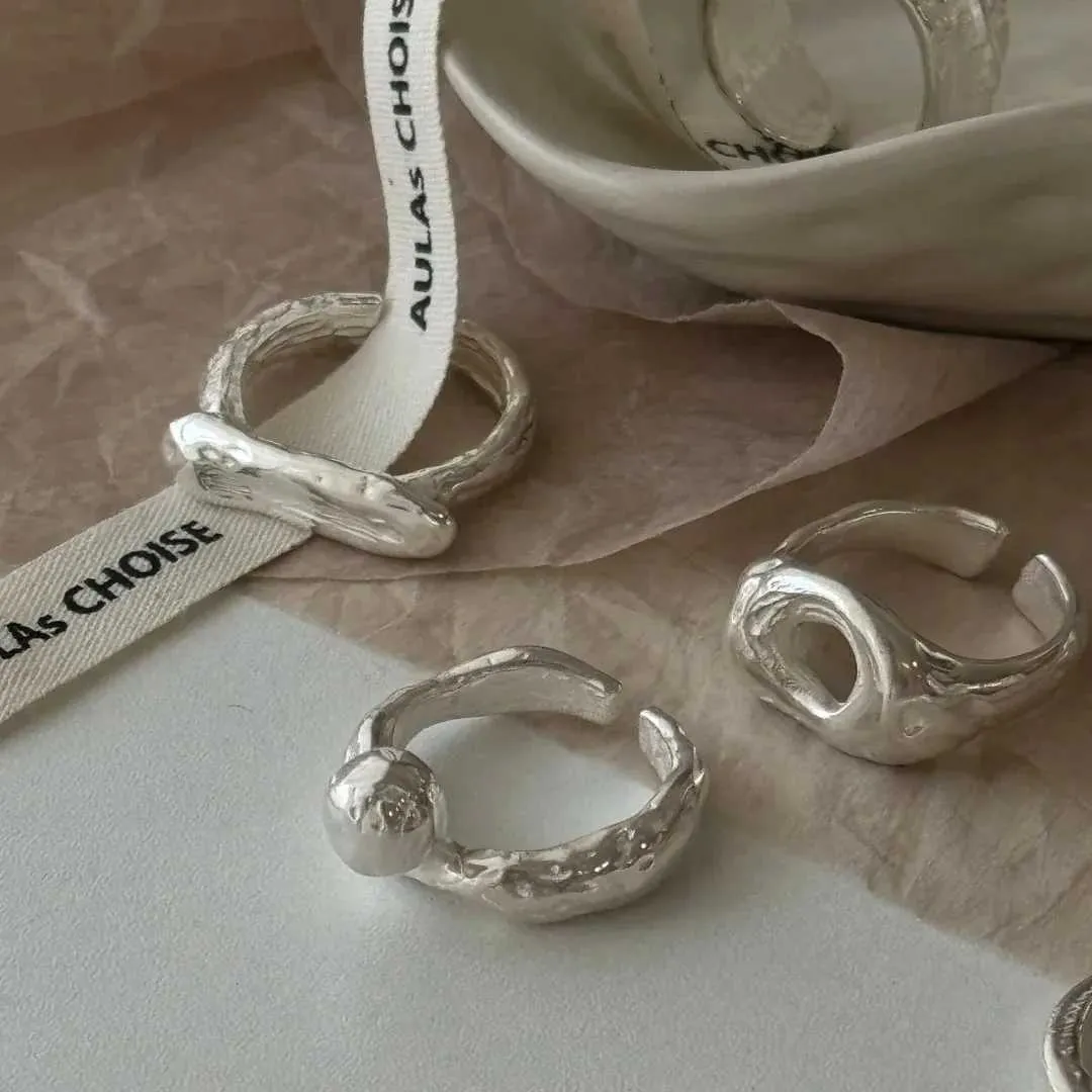 Anello PANJBJ in argento sterling 925 con geometria satinata per donna, ampia texture, versatile, fatto a mano, gioiello Ins, regalo_voghion.com