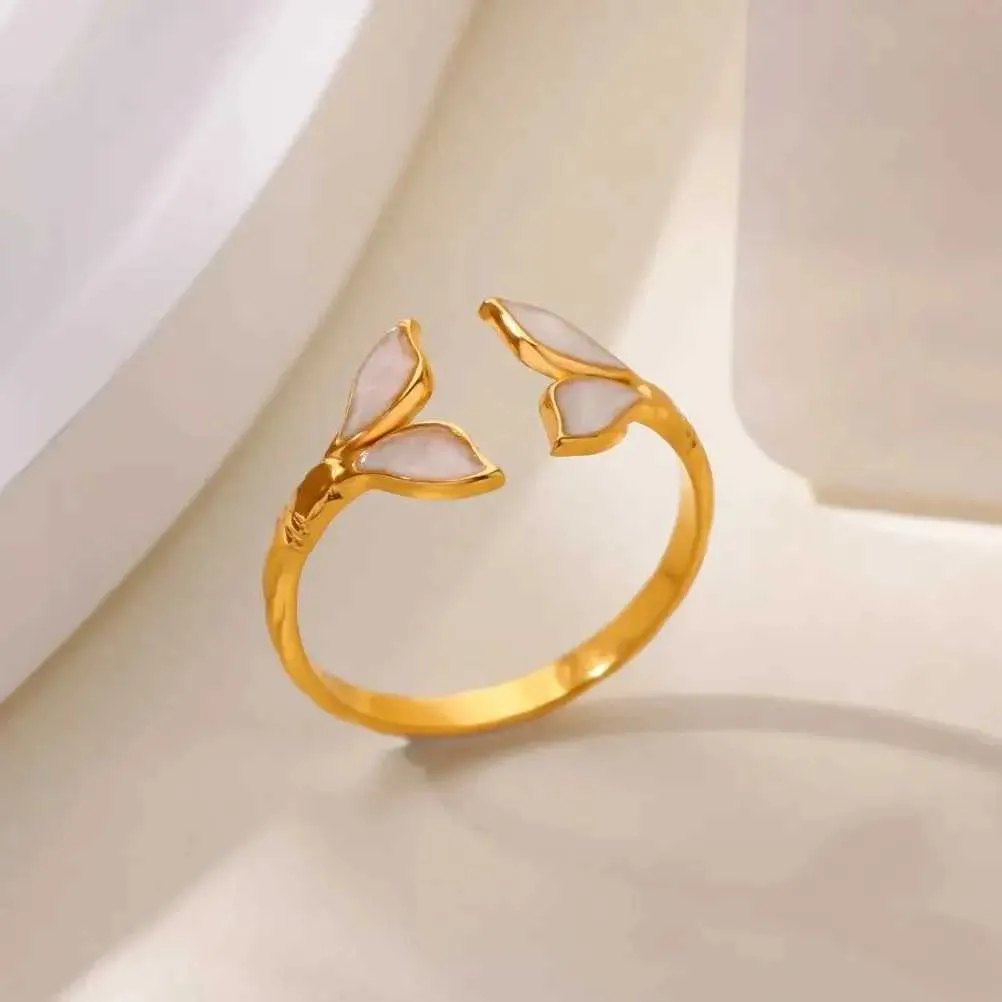 Roestvrijstalen ringen met groene bladeren en golvende vormen, 18 karaats verguld, kleurecht, open ring voor dames, trouwsieraden, vakantiesieraden_voghion.com