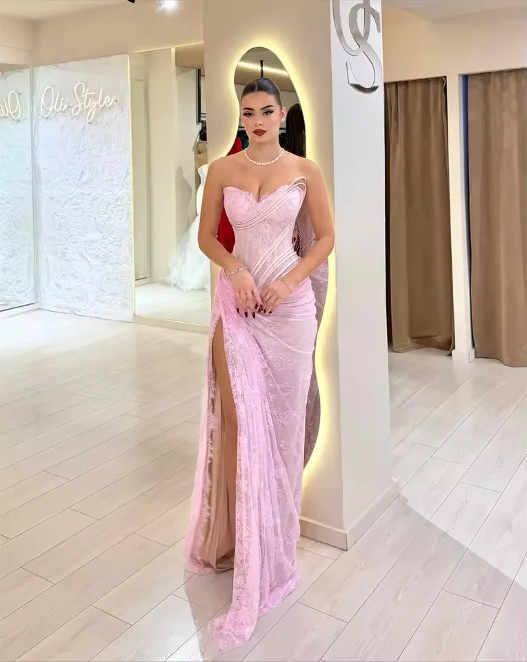 women's light pink strapless dress for a birthday party Baby High Slit Ruffle Long Formal May be worn with a strapless bra Altar'd State | Londyn Strapless