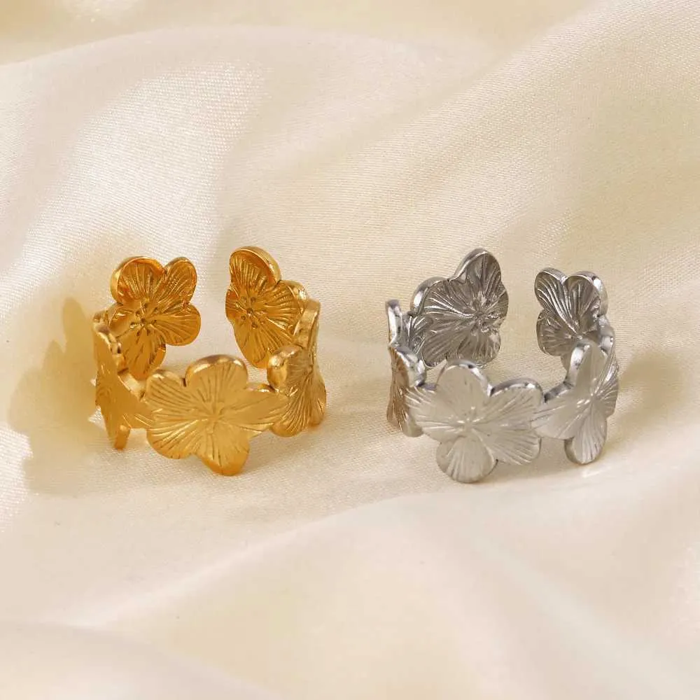Stainless Steel Flower Adjustable Opening Rings 18k Gold PVD Plated Waterproof Finger Jewelry For Women Wedding_voghion.com
