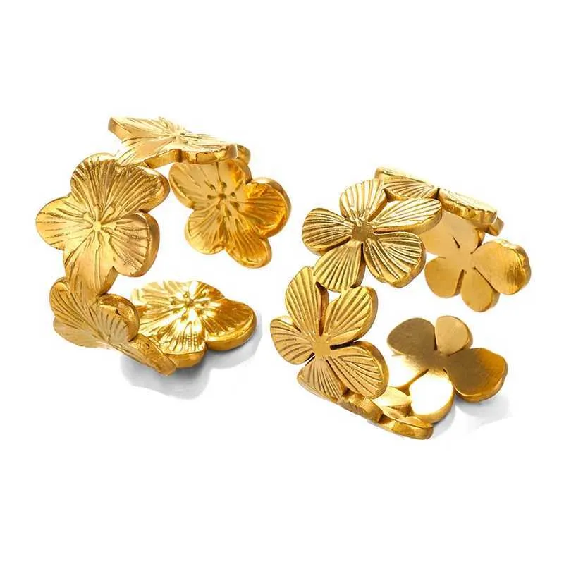Gold Adjustable Flower Ring Stainless Steel Waterproof Jewellery_voghion.com