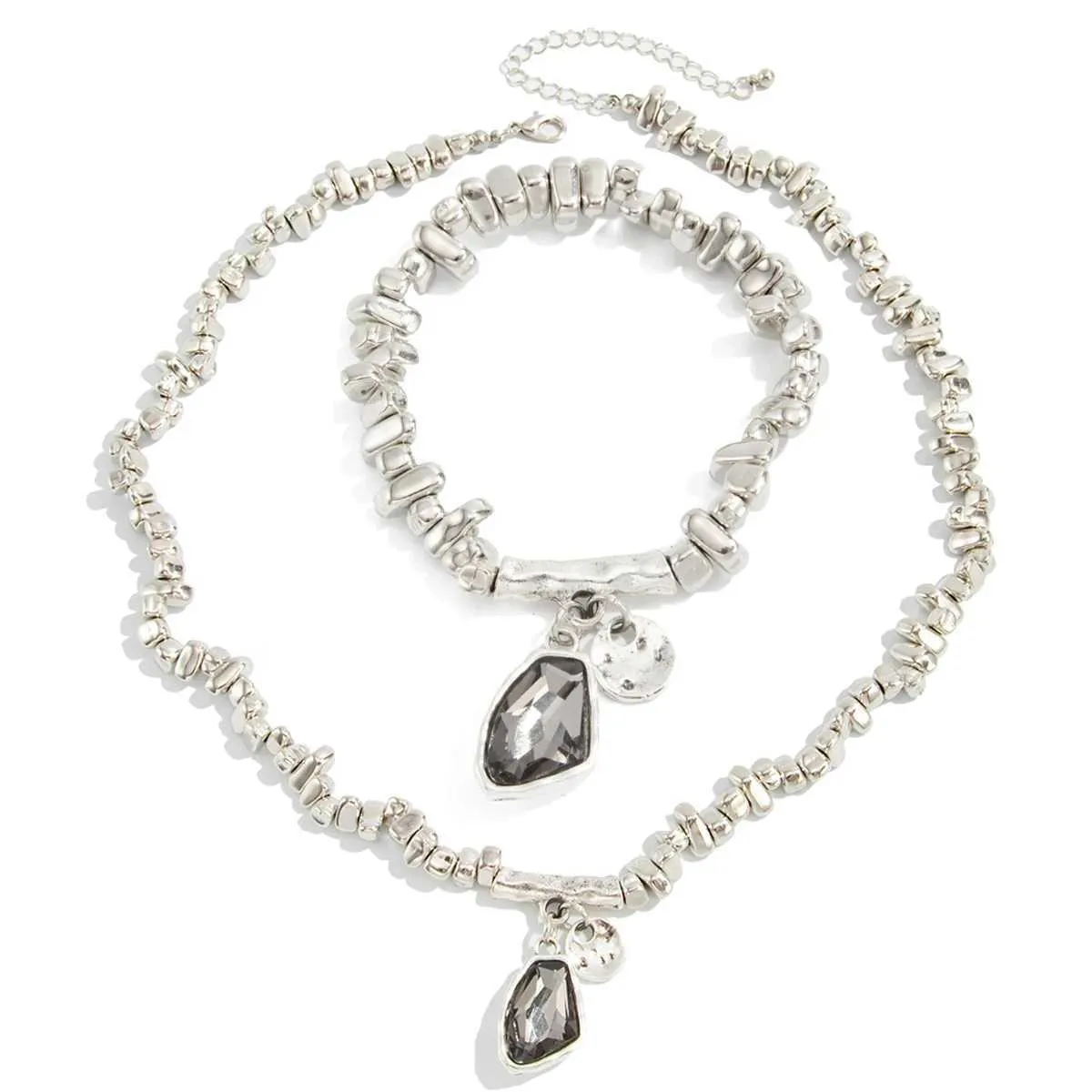 Set elegante con collana con pendente in zirconi neri e bracciale con perline CCB color argento, stile Salircon Fashion, donna, Mujer Y2K_voghion.com