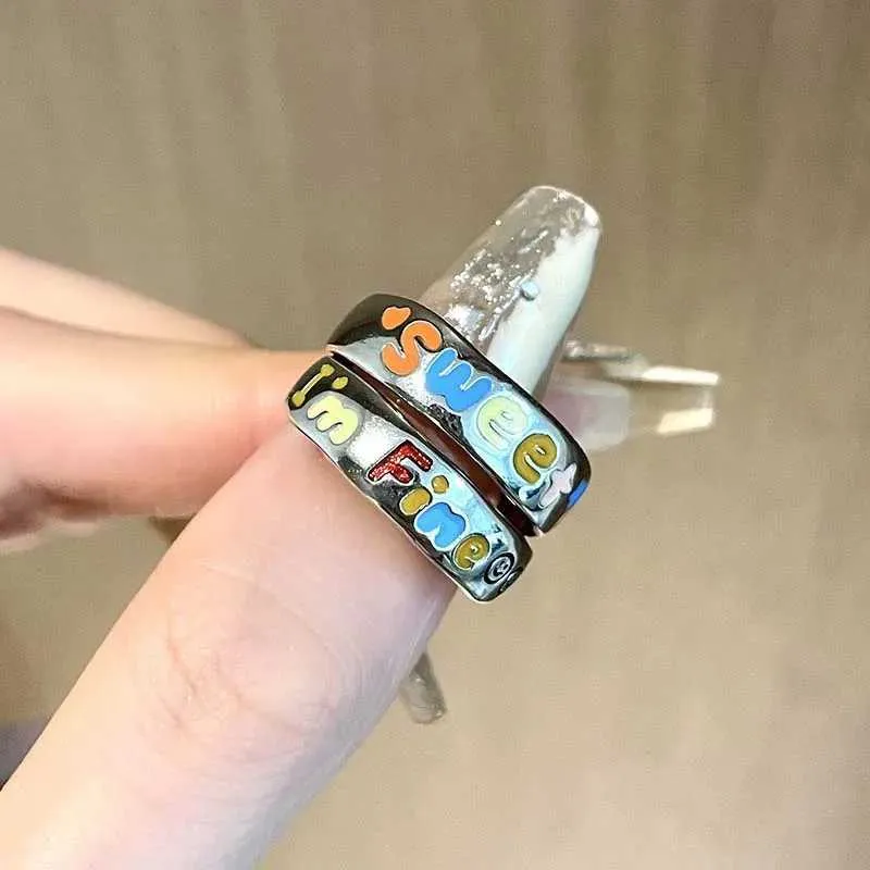 Korean Colorful Rainbow Letter Open Rings For Women Girls Vintage Creative Oil Dropping Adjustable Finger Couple Ring_voghion.com