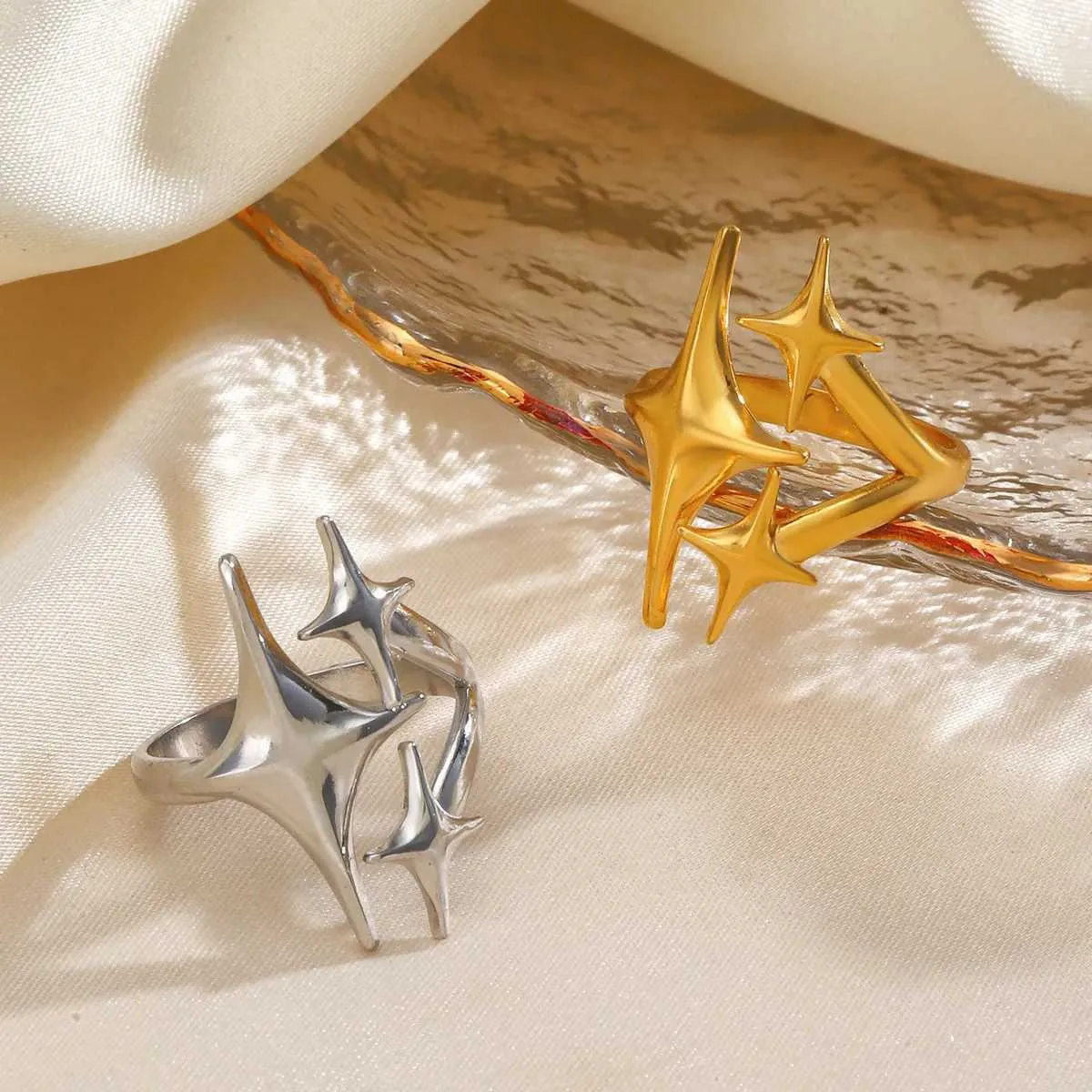 LATS Stainless Steel Y2K Celestial Star Open Rings For Women Men Unique Design Gold Silver Color Adjustable Ring Fashion_voghion.com