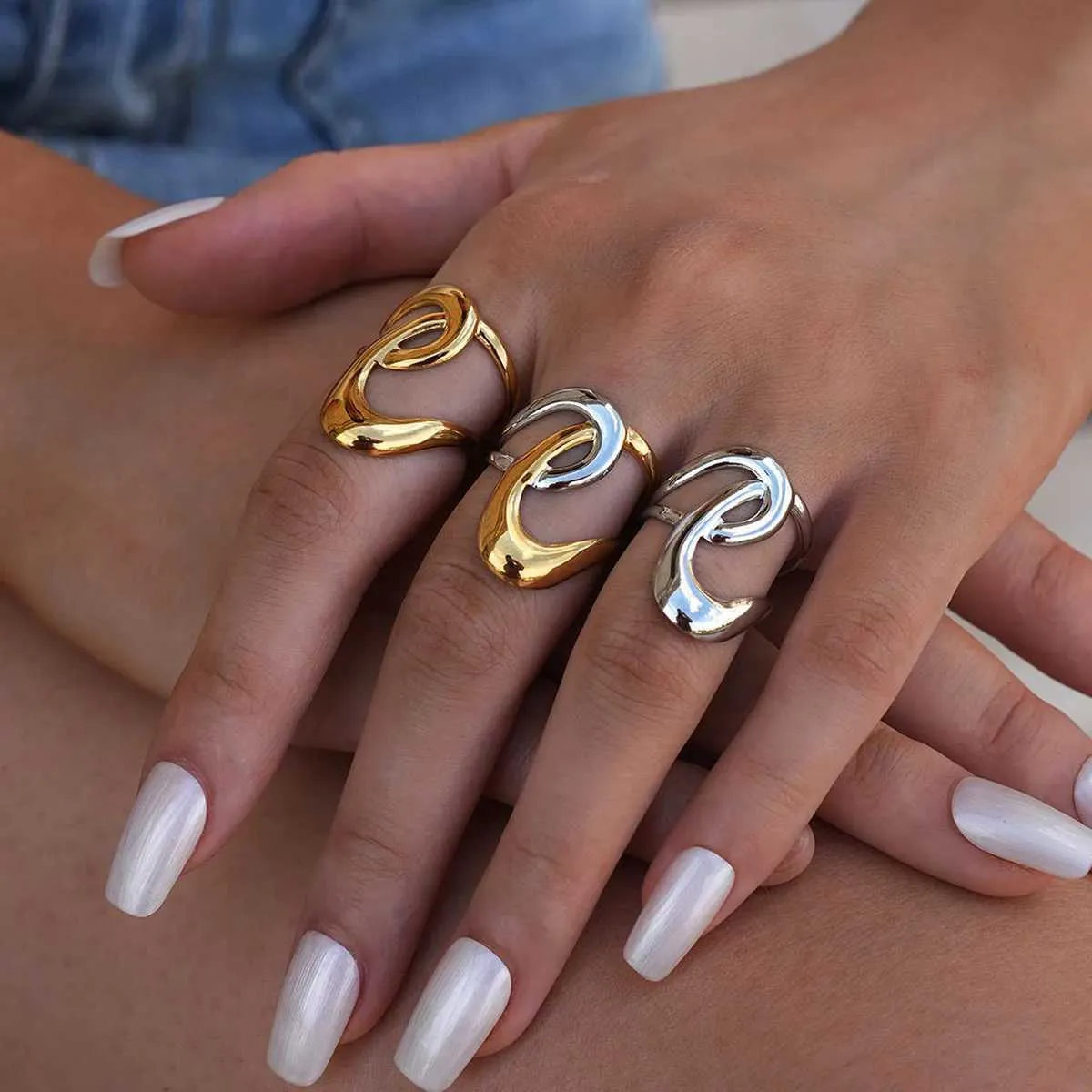 Uself Fashion Geometry Stainless Steel Waterproof Open Ring Personality Charms PVD Real Gold 18K Plated Trendy Jewelry_voghion.com