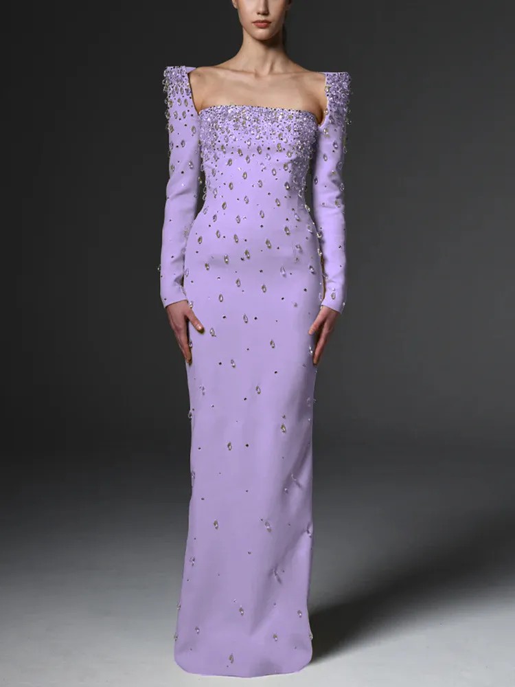 purple luxury dress Violet Purple Rhinestone Appliqu Evening Dress - Handcrafted Feather Couture Gown Crystals