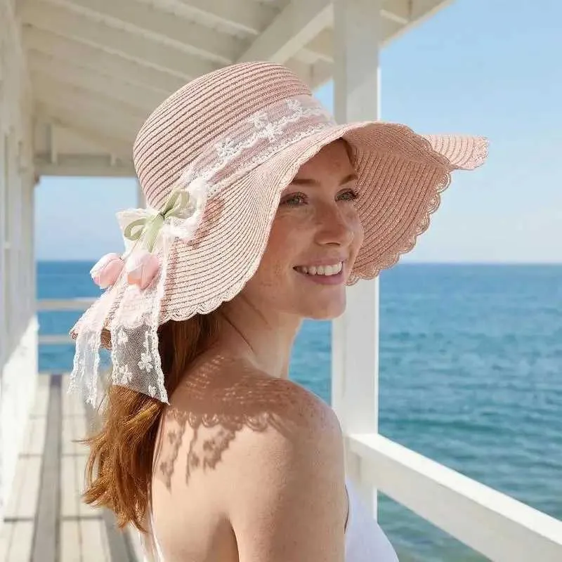Lightweight Foldable Straw Pink Beach Hat With Wide... From  display picture 1