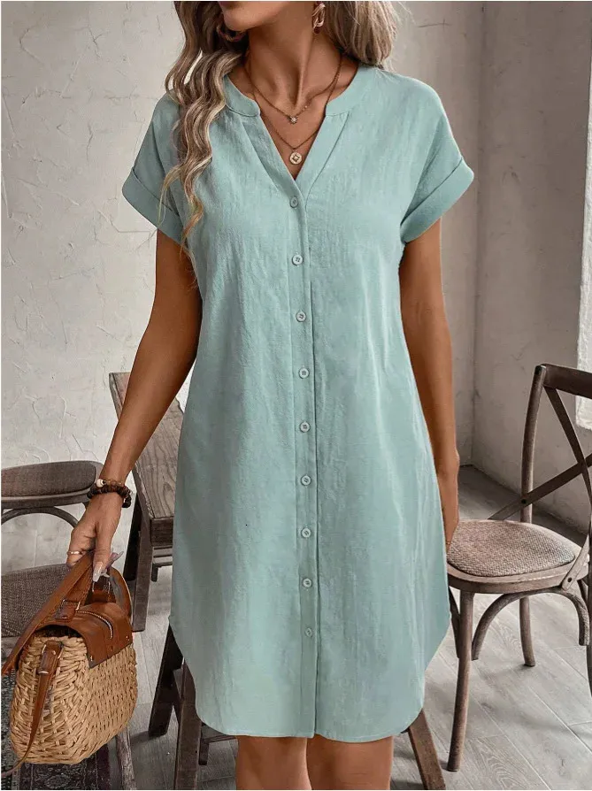 v neck loose shirt dress Women's Linen Blend v Neck Button Down Dress, Loose Fit Casual Midi Shirt Dress for Summer Army Green,L