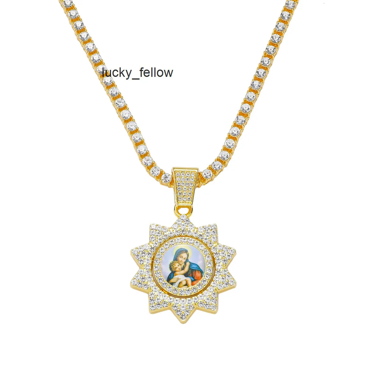 New Mens Tennis Chain Hip Hop Style Personalized Rotating Portrait Sunflower Pendant Necklace_voghion.com