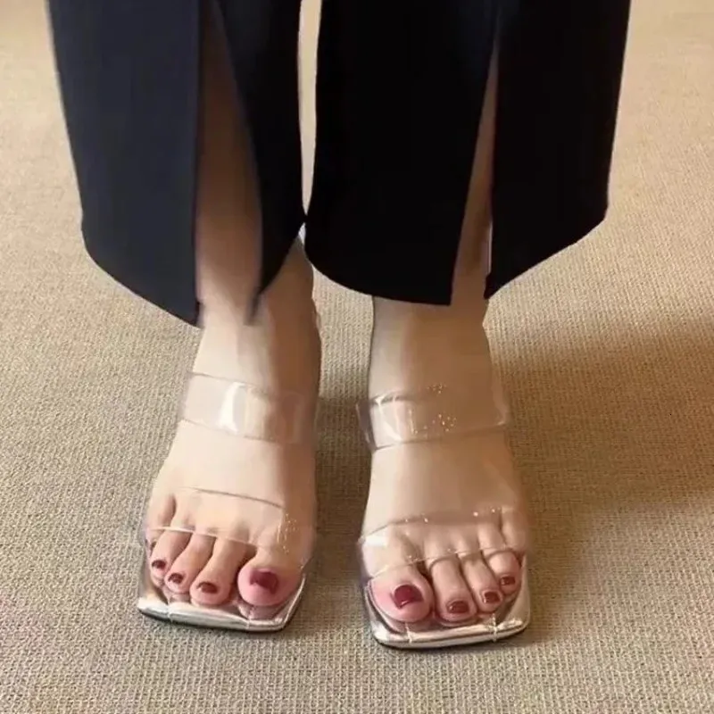 Summer Square Open Toe Clear Strap Anti Slip Wear Resistant Kitten Shoes Crystal Special Heel Slippers 260413_voghion.com