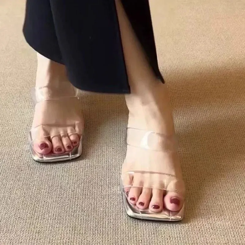 Summer Square Open Toe Clear Strap Anti Slip Wear Resistant Kitten Shoes Crystal Special Heel Slippers 260413_voghion.com