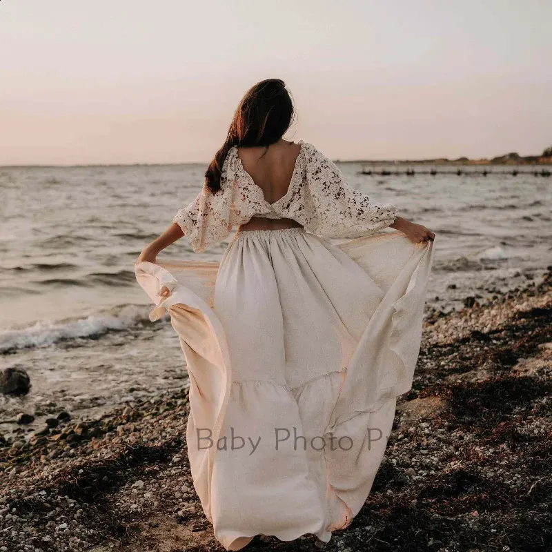 two piece boho maternity dress Vintage Two-piece Lace Boho Maternity Photoshoot Dress, Ivory / L
