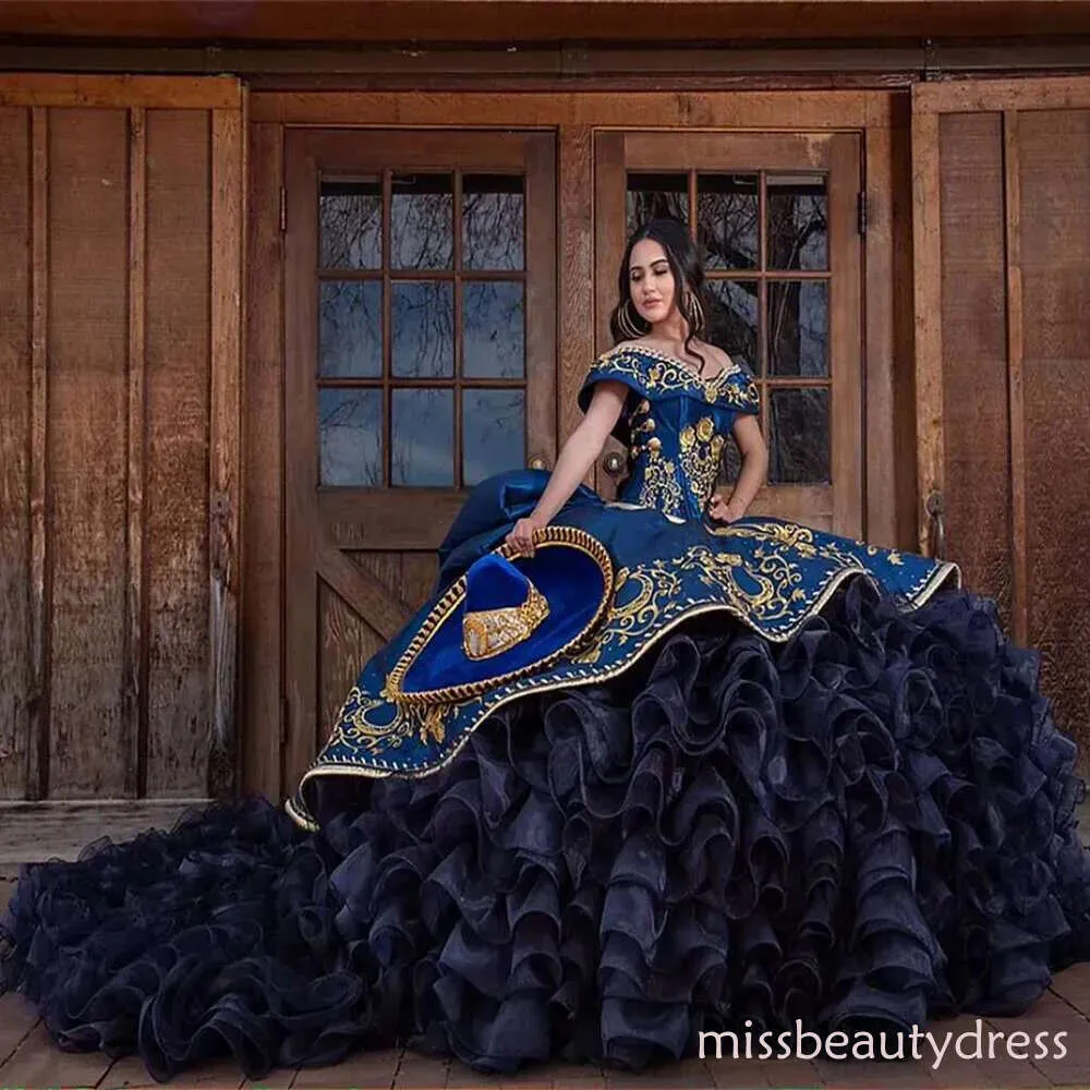 blue charro quinceanera dresses Royal Blue Ball Gown Charro Quince Dress with Horses Off The Shoulder Lace Up