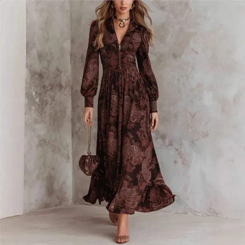 Women Long Sleeve Maxi Dress Vintage Paisley Print V Neck Zip Up High Waist Flowy Long Dresses AutumnWinter Party Evening Wear 260414 Women Long Sleeve Maxi Dress Vintage Paisley Print V Neck Zip Up High Waist Flowy Long Dresses AutumnWinter Party Evening Wear 260414