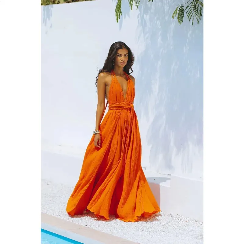 Sexy Summer Women Beach Smock Dress Elegant Y2K Strap V Neck Backless Lace Up Bandage Vacation Holiday Loose Long Dress Sundress 260414BJ