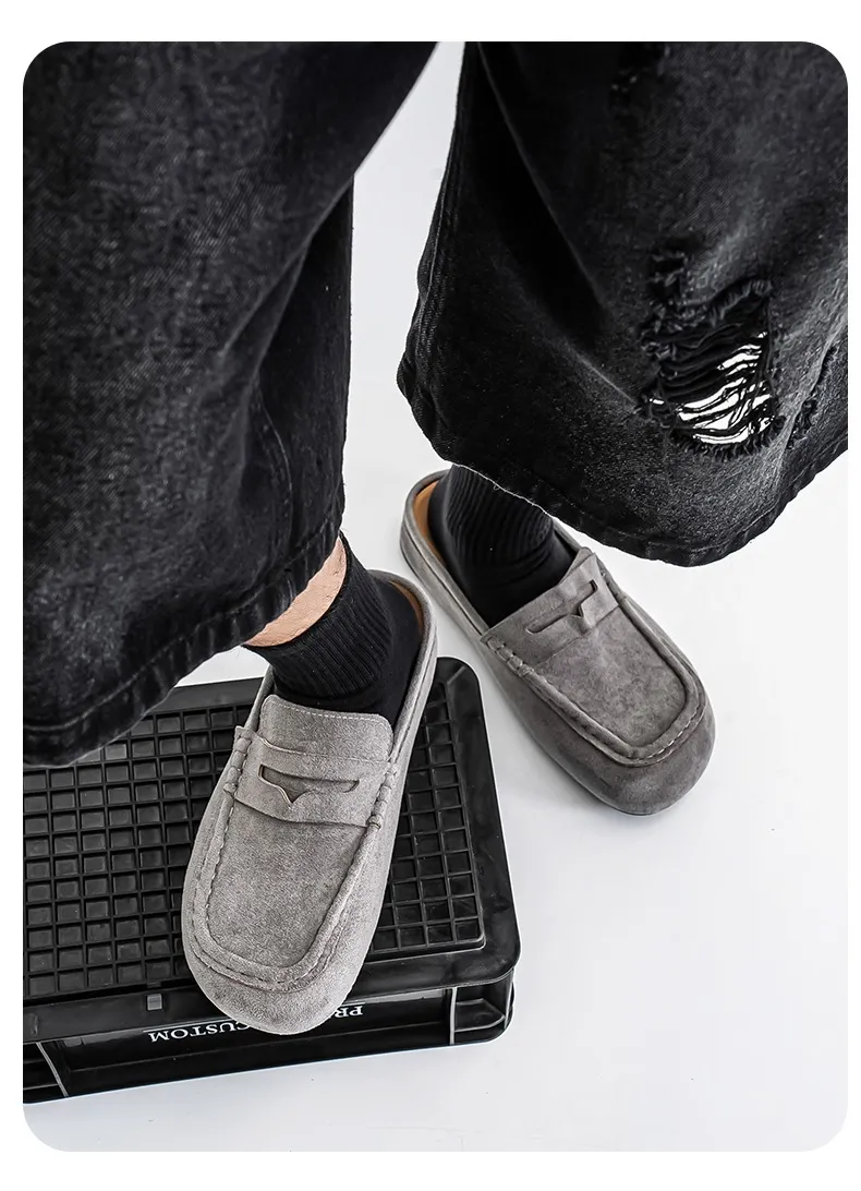 Vintage Men's Suede Casual Mules Comfortable Height-increasing Clogs_voghion.com