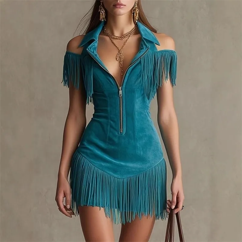 blue suede fringe dress Denim Blue Paisley Suede Fringe Dress L