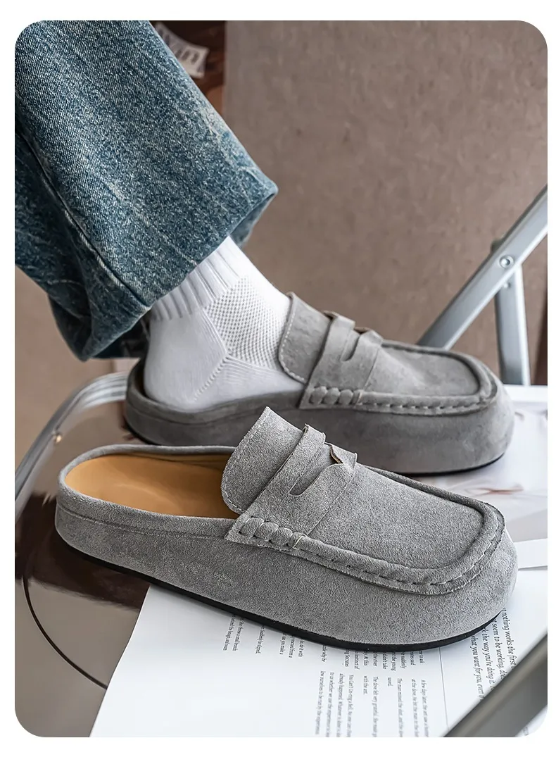 Vintage Men's Suede Casual Mules Comfortable Height-increasing Clogs_voghion.com
