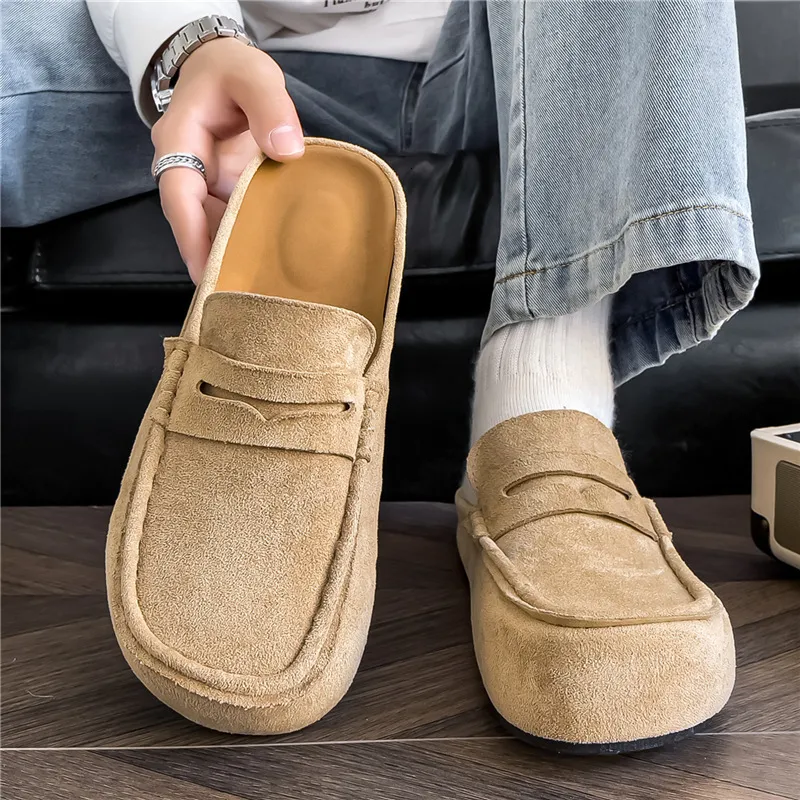 Men's New Vintage Comfortable Suede Casual Mules, Stylish And Relaxed Height-Increasing Home Clogs With Closed Toe_voghion.com