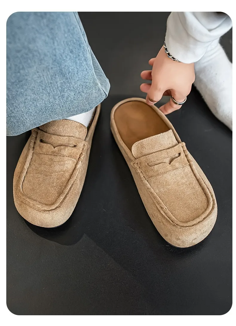 Vintage Men's Suede Casual Mules Comfortable Height-increasing Clogs_voghion.com