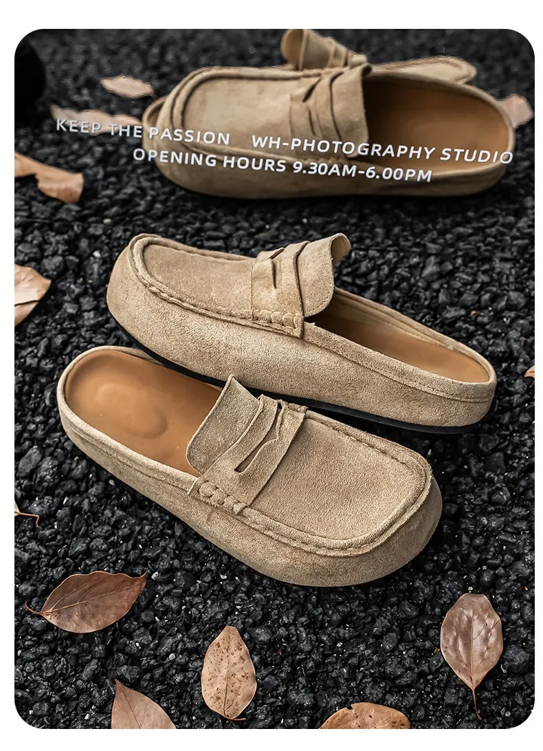 Vintage Men's Suede Casual Mules Comfortable Height-increasing Clogs_voghion.com