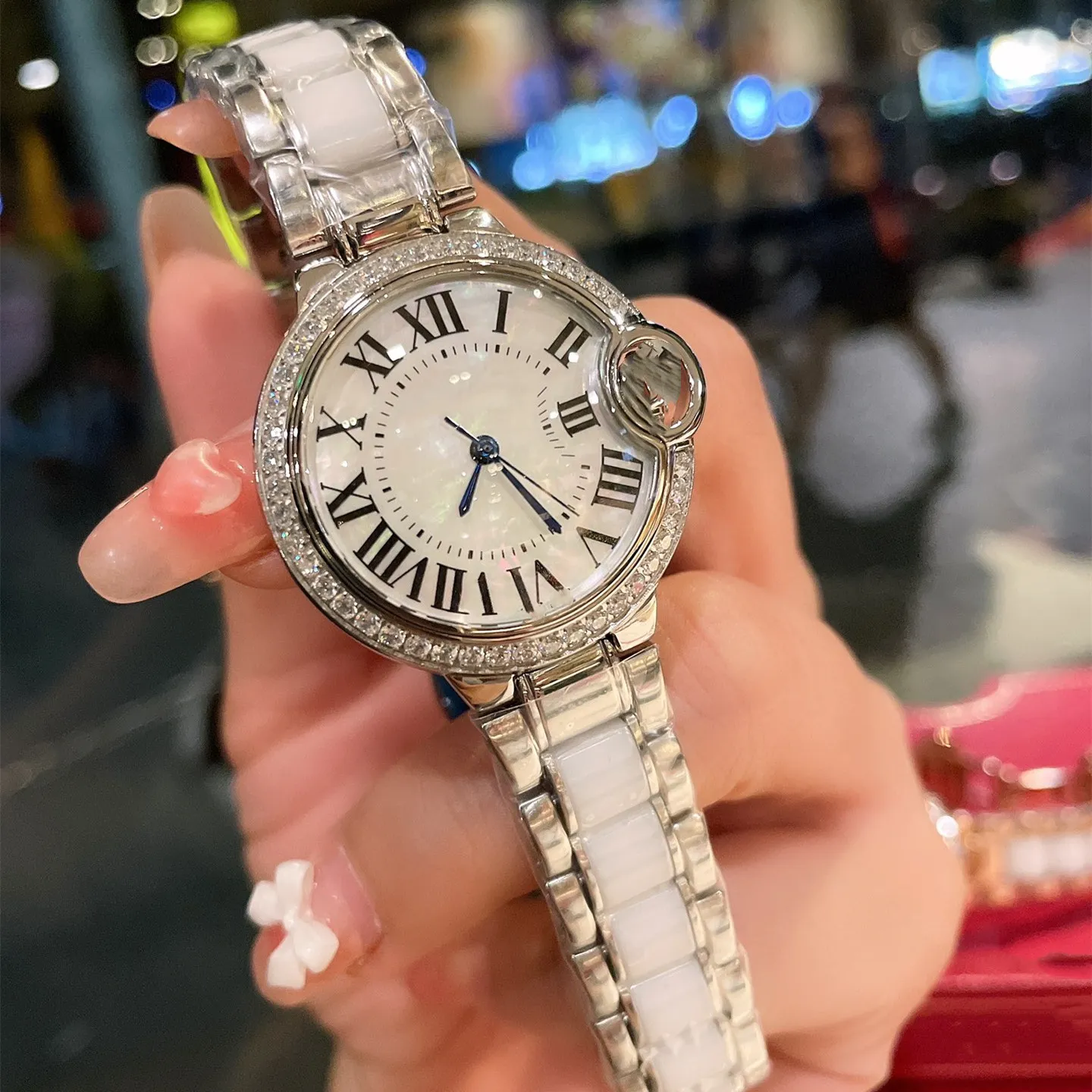 Women\'s All White Analog Quartz Crystal Rhinestone Bezel Waterproof Wrist Watch Safira 99 Small Womens Watch with faceted sapphire crystal  main image 3