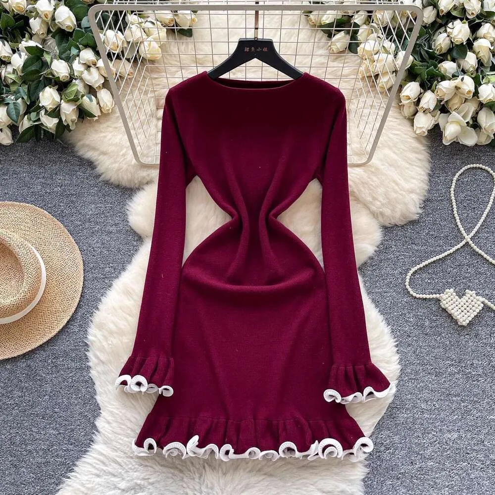 Pleated designer edge sweater sexy tight fitting pleated edge knitted long  sleeved party dress European and American F8 style autumn and winter ...