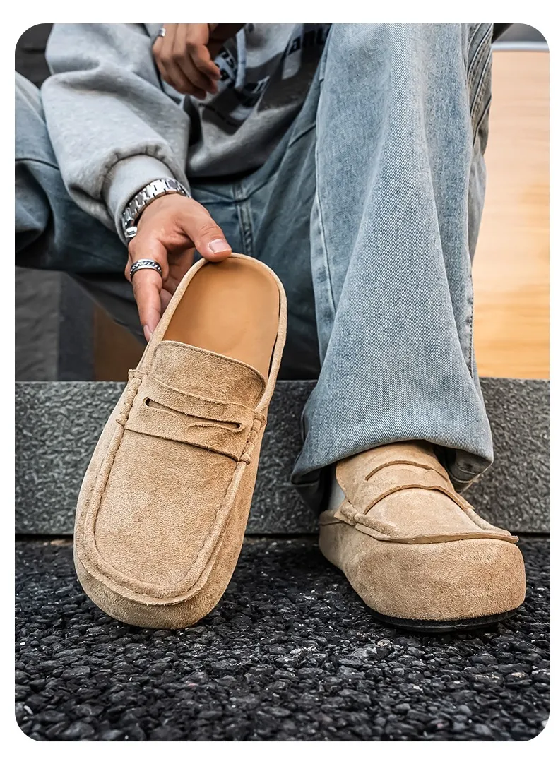 Vintage Men's Suede Casual Mules Comfortable Height-increasing Clogs_voghion.com
