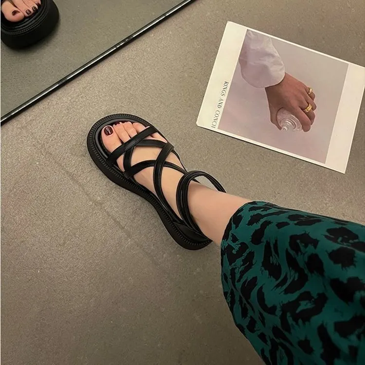 Women's Platform Summer New Style, Thick-Soled, Height-Increasing, Hollow Design, Cross-Strap Roman Sandals_voghion.com