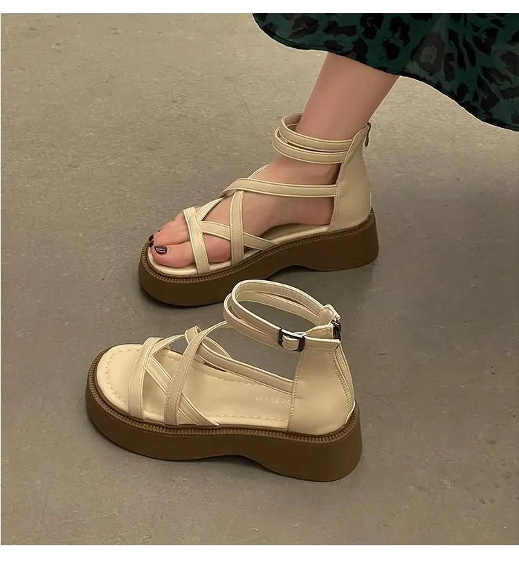 Women's Platform Sandals, Height-increasing Cross-strap Roman Shoes_voghion.com
