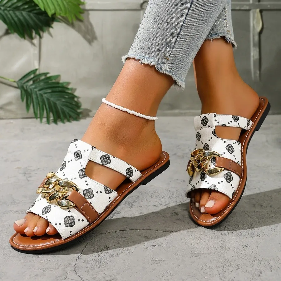 Luxury Gold Chain Accent Flat Slide Sandals Retro Printed Pattern Designer Inspired Casual Summer Slides_voghion.com