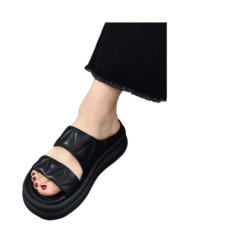 Women's Puffy Strap Platform Slides Casual Slip-on Slippers Popular Height-increasing Sandals Thick-soled Summer New_voghion.com