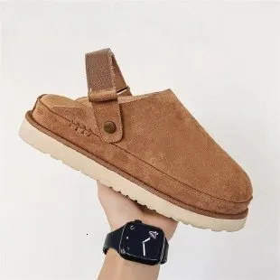 Chestnut Suede Slingback Clogs For Women Men Comfort Lined Slip On Mules With Adjustable Strap Winter Warm Casual House_voghion.com