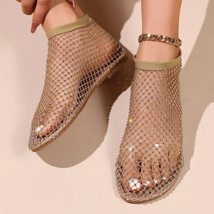Women Pink Mesh Rhinestone Flat Sandals Hollow Out Closed Toe Ankle Strap Bling Sparkly Casual Party Summer Dress Shoes_voghion.com