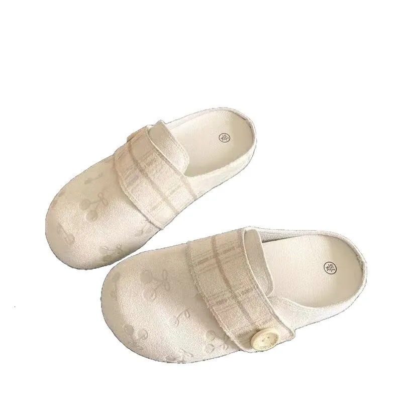 Women Cherry Embroidery Plaid Strap Clogs Adjustable Button Backless Slip On Soft Flat Casual Home Mule Slippers_voghion.com