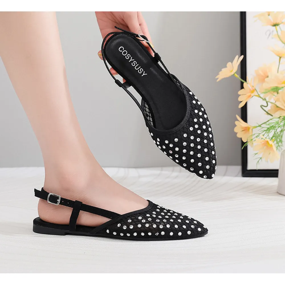 Women Rhinestone Mesh Pointed Toe Slingback Flats Adjustable Ankle Strap Hollow Out Breathable Casual Ballet Dress Shoes_voghion.com