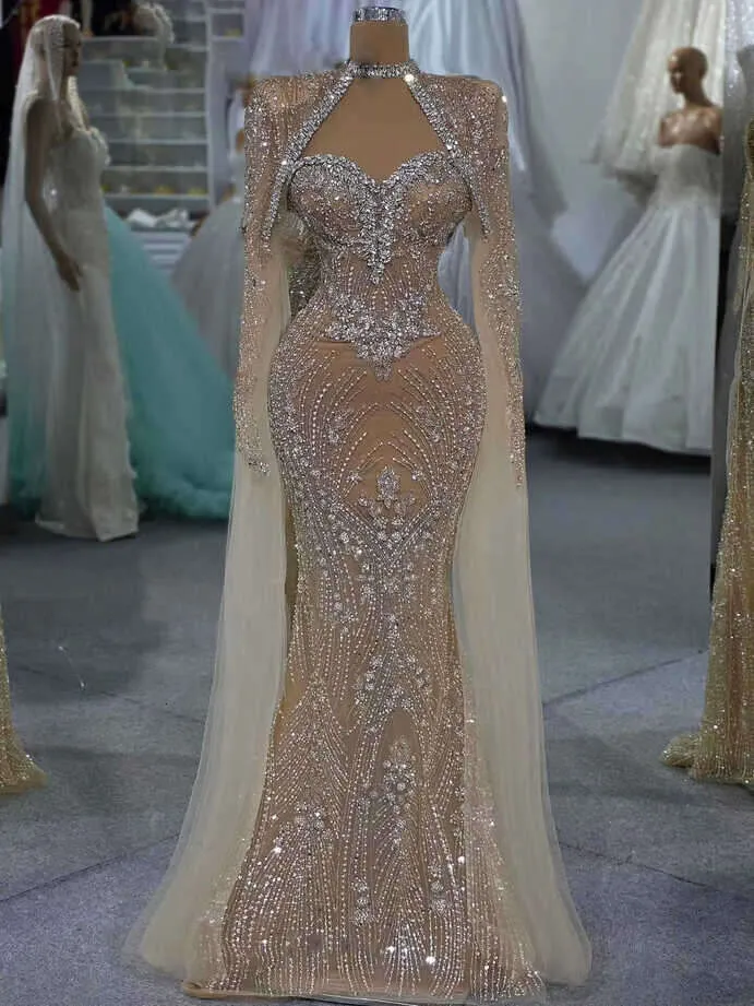 Customizable Nude gold sparkly prom dress with Long Cape Sleeves and Crystals for Women - Perfect for Dubai Formal Reception and Arabic Parties (Style Customizable Nude gold sparkly prom dress with Long Cape Sleeves and Crystals for Women - Perfect for Dubai Formal Reception and Arabic Parties (Style