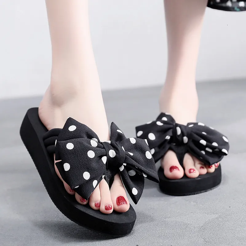 New Super High Heel Flip Flops For Women Summer Non Slip Thick Sole Beach Sweet Bowknot Outdoor Wedge Sandals_voghion.com