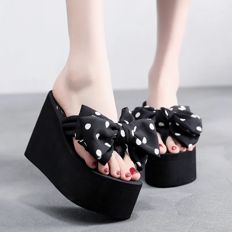 New Super High Heel Flip Flops For Women Summer Non Slip Thick Sole Beach Sweet Bowknot Outdoor Wedge Sandals_voghion.com