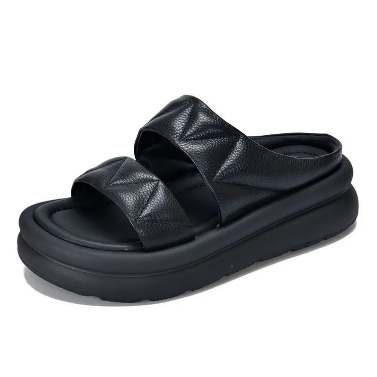Women's Puffy Strap Platform Slides Casual Slip-on Slippers Popular Height-increasing Sandals Thick-soled Summer New_voghion.com