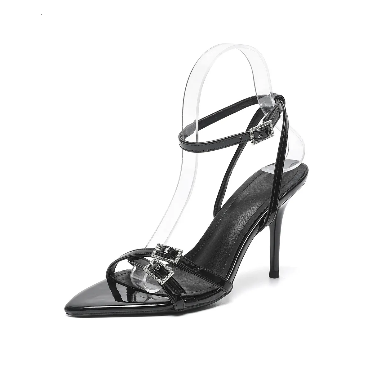 Dameshakken met strasssteentjes in nude kleur, enkelbandje, bruidsmodel, zomer, elegant, spits, stiletto, open teen, modieus, high-end, veelzijdig._voghion.com