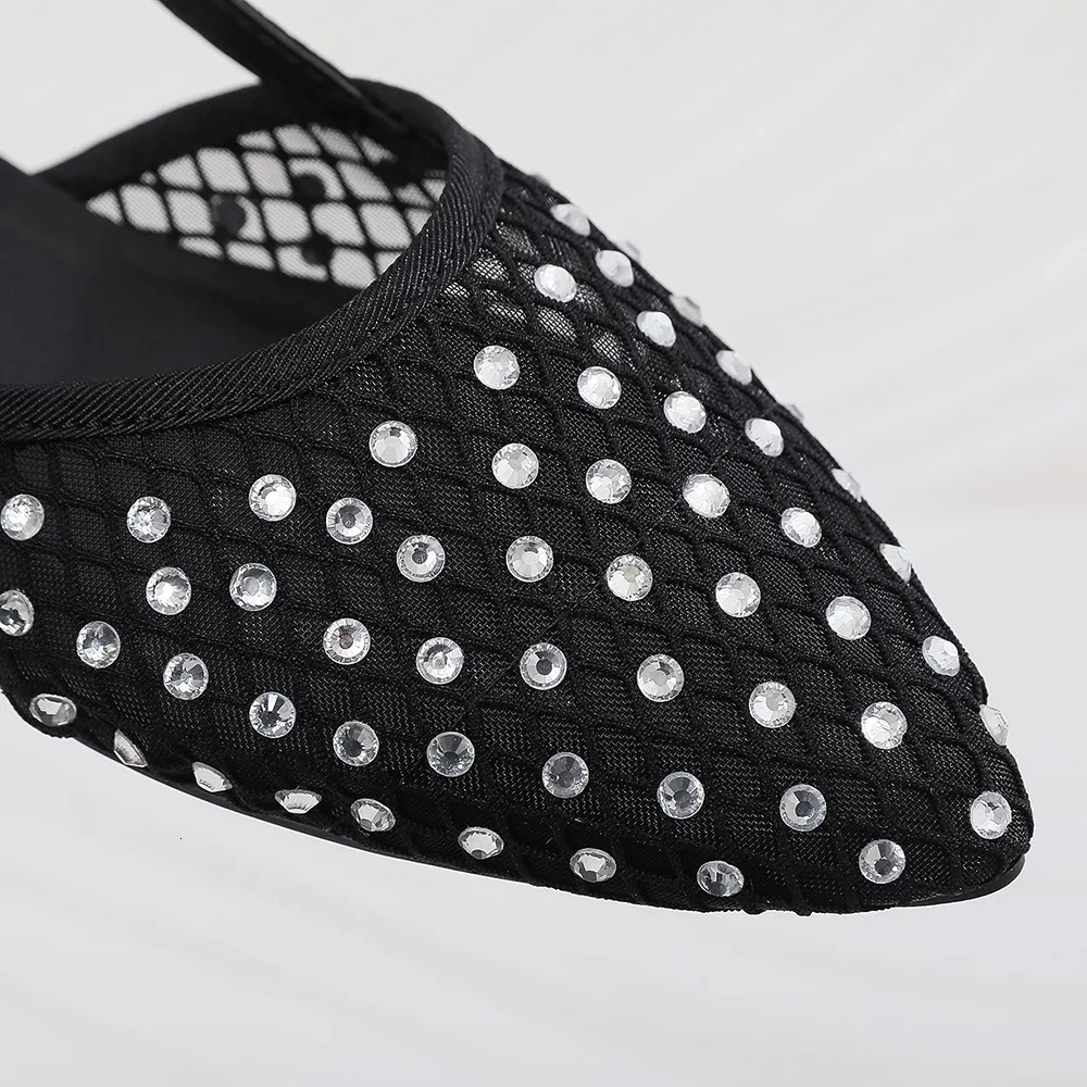 Women Rhinestone Mesh Pointed Toe Slingback Flats Adjustable Ankle Strap Hollow Out Breathable Casual Ballet Dress Shoes_voghion.com