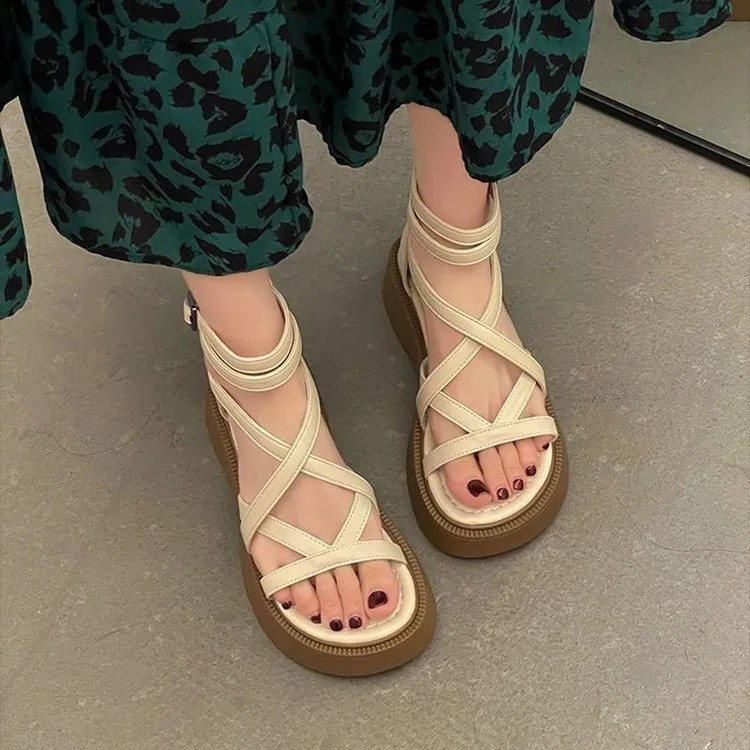 Women's Platform Sandals, Height-increasing Cross-strap Roman Shoes_voghion.com