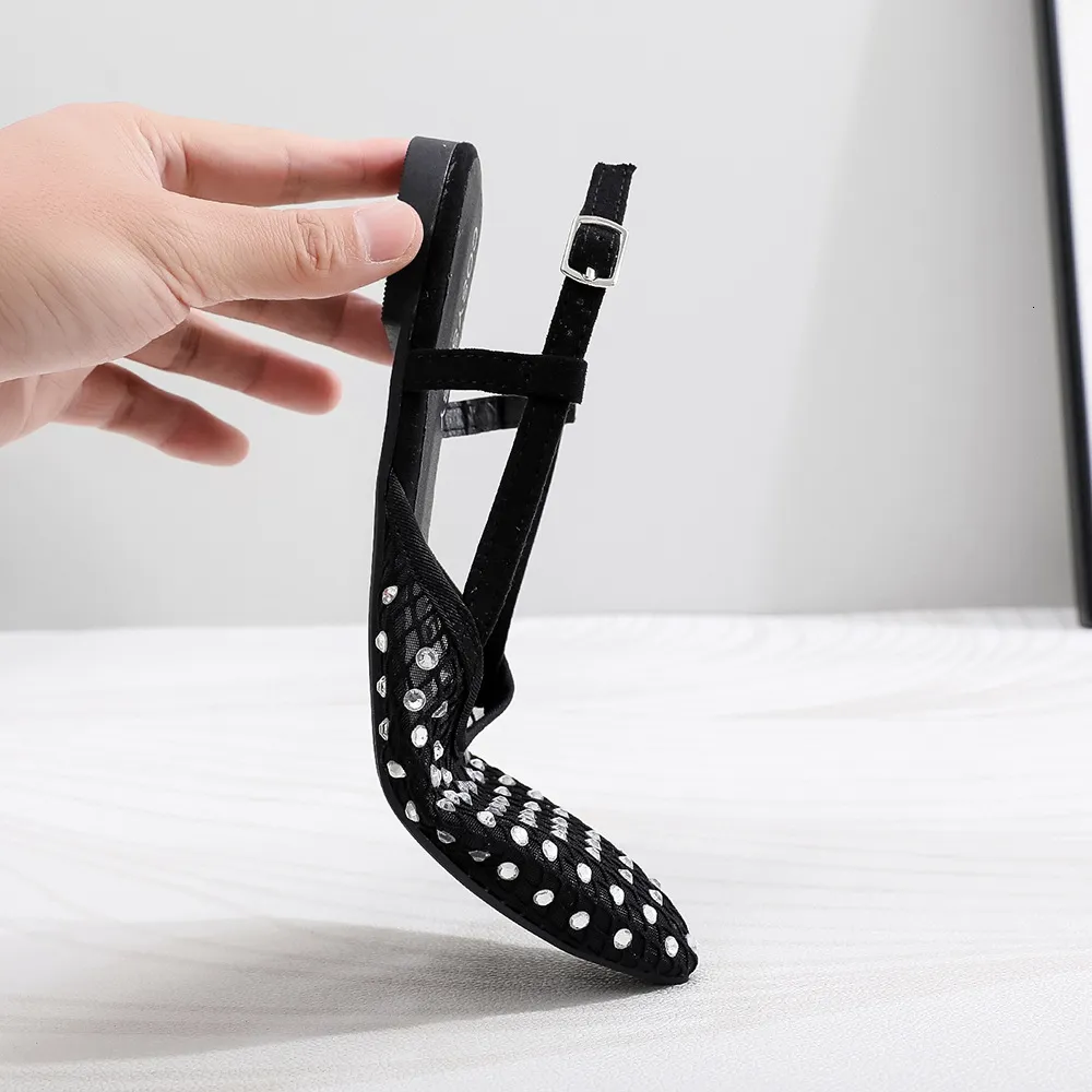 Women Rhinestone Mesh Pointed Toe Slingback Flats Adjustable Ankle Strap Hollow Out Breathable Casual Ballet Dress Shoes_voghion.com