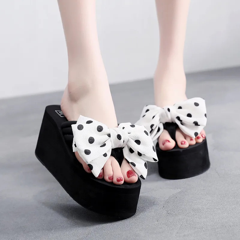 New Super High Heel Flip Flops For Women Summer Non Slip Thick Sole Beach Sweet Bowknot Outdoor Wedge Sandals_voghion.com