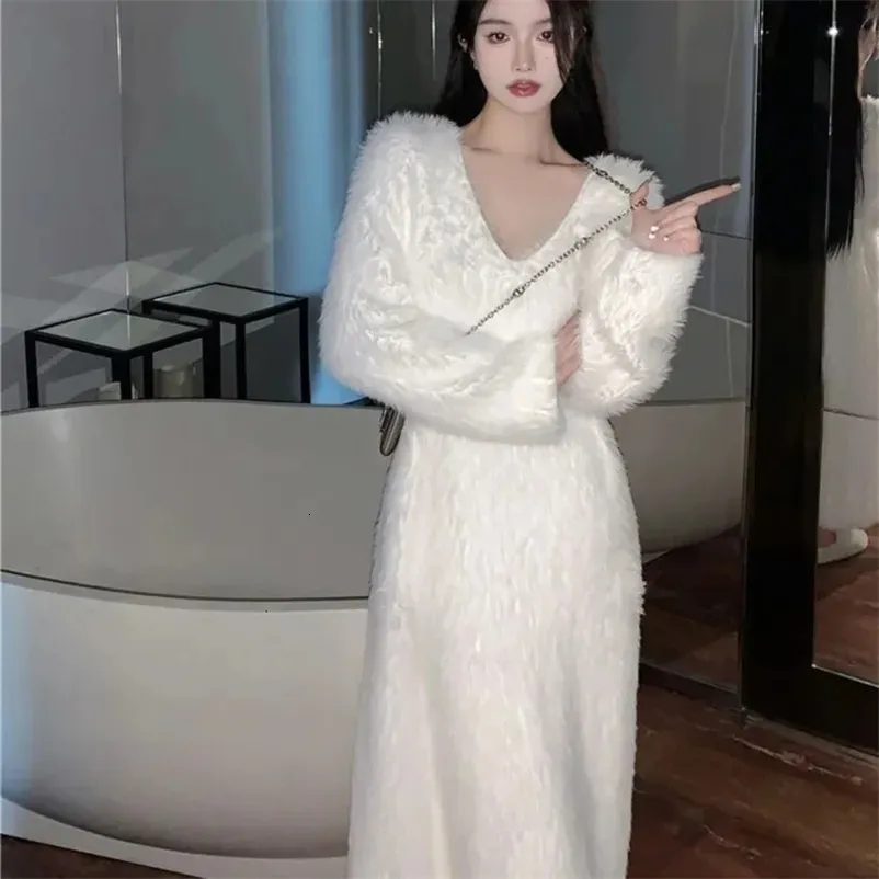 white fuzzy long sleeve dress Women's White Faux Fur Long Sleeve Dress
