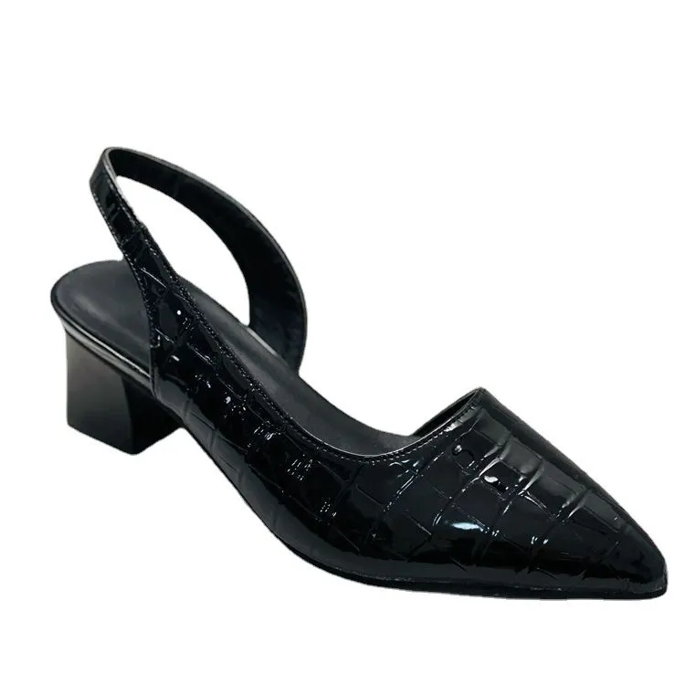 Women Crocodile Embossed Pointed Toe Slingback Pumps Black Glossy Block Low Heel Backless Elegant Office Dress Sandals_voghion.com