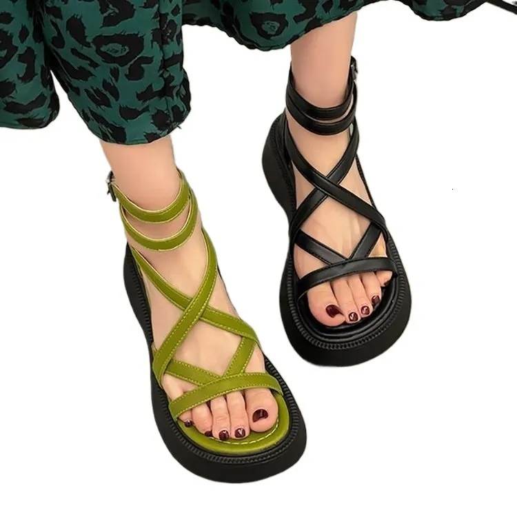 Women's Platform Summer New Style, Thick-Soled, Height-Increasing, Hollow Design, Cross-Strap Roman Sandals_voghion.com