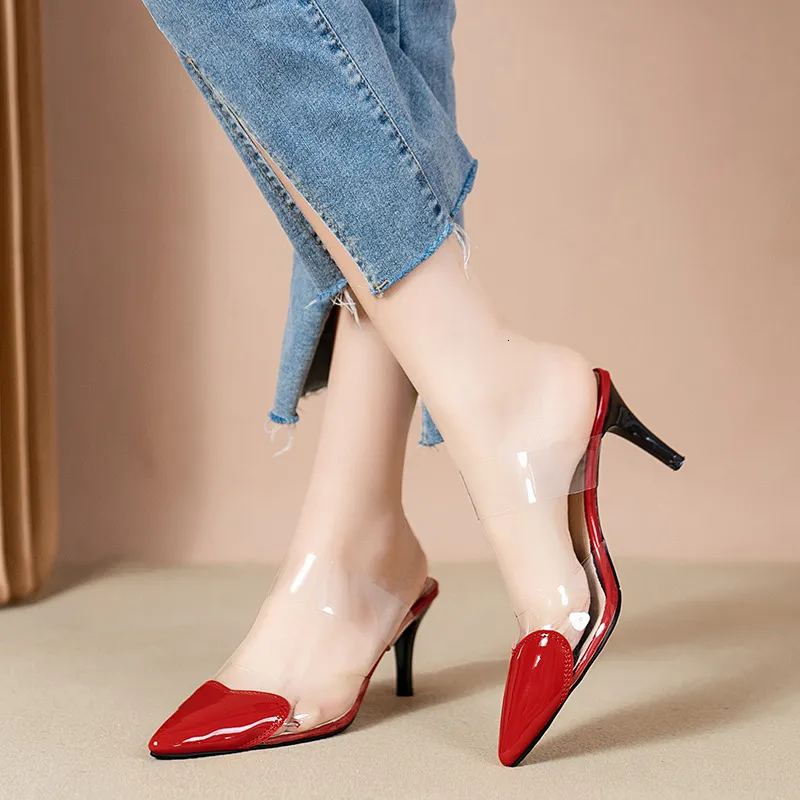 Women Patent Pointed Toe Clear Strap Mules Black Transparent PVC Kitten Heel Backless Slip On Elegant Summer Slide_voghion.com