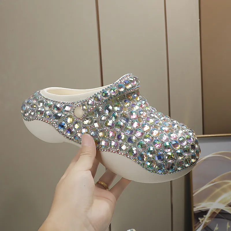 Women’s Green Rhinestone Platform Clogs Sparkly Diamond Mules_voghion.com